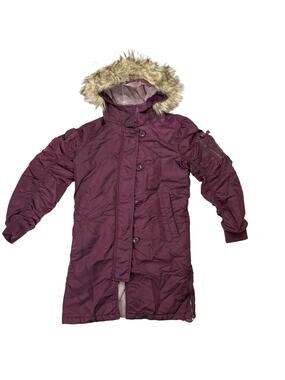Abercrombie & Fitch Womens Maroon Red Fur Trim Hooded Lined Parka Jacket Size XS